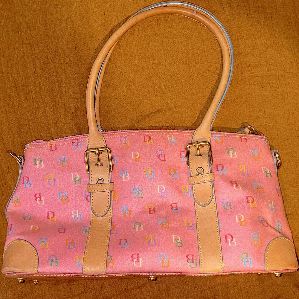 Dooney and Bourke Pink Leather Rainbow Monogram Top Handle Bag, Vintage Y2K